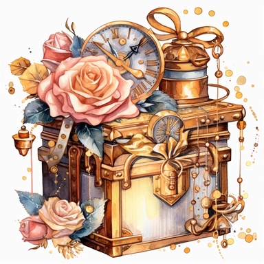 Steampunk Birthday Gift Box Clipart, rose and gold colors, Steampunk, watercolor, sweet, happy, high resolution, transparent white background no captions