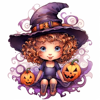 a happy little cute curly girl in a five-year-old witch's hat, pumpkin, web, spider, violet, brown, style by Lusy Fleming, folk art, watercolor, clipart elements, smooth gradients, black contour outline, ultra detailed, white background, super clear, high quality