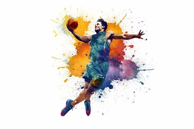 Watercolor, Design an action shot of a handball player jumping to shoot the ball clipart, hd, on a white background, spaced out