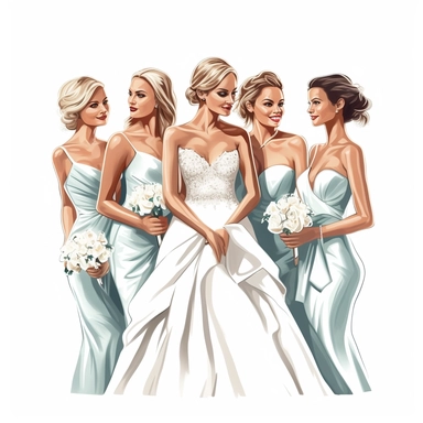 Bride and bridesmaids, high level of detail, vector clipart on white background