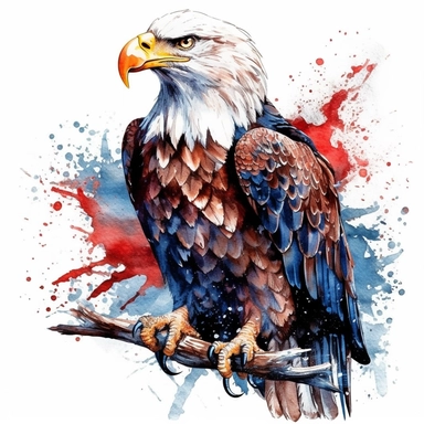 Patriotic Bald Eagle, painted red white blue feathers, paint splash, perched on a branch highly detailed, 32k, isolated on a white background, clipart