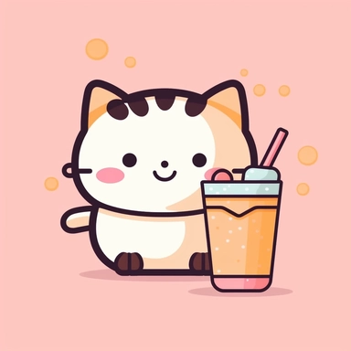kawaii minimalist cat with bubble tea clipart, white background
