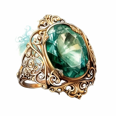 gold victorian ring with large emerald, watercolour painting , detailed , intricate white background. clipart