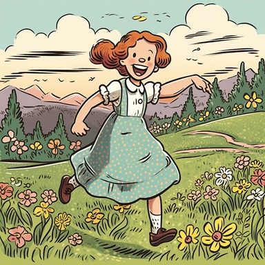 Create a cartoon clipart graphic that depicts Draw a 10-year-old girl with big round eyes, rosy cheeks, and a wide smile, wearing a puffy-sleeved dress and a bow in her hair. She's running and leaping through fields of wildflowers, her arms thrown open wide as she giggles and spins. In the background, there are rolling hills, blue skies, and fluffy white clouds. You could add some cute animal friends like rabbits or butterflies fluttering around her. Think of the classic Disney animation style, 