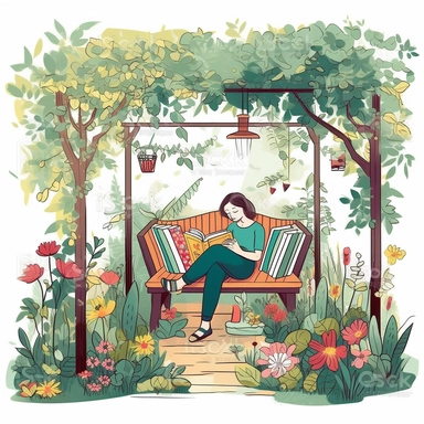 clipart image portraying a person reading in a lush garden filled with blooming flowers and crawling vines. Design a cozy reading nook amidst the greenery, complete with a wooden bench or a hammock, surrounded by bookshelves filled with colorful books, isolated on white background