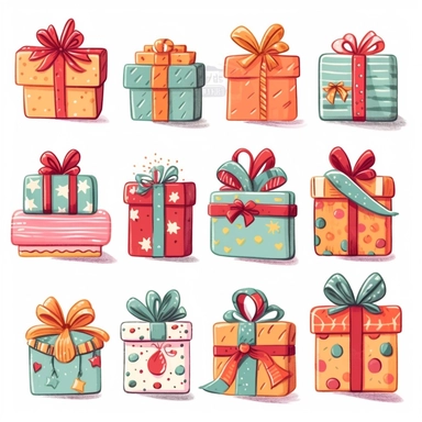 Christmas presents clipart set, whimsical and cute hand drawn illustration, playful expression, rounded shapes, isolated image white background