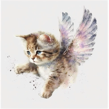 kitten with angel wings flying, cute, watercolor, white background, clipart