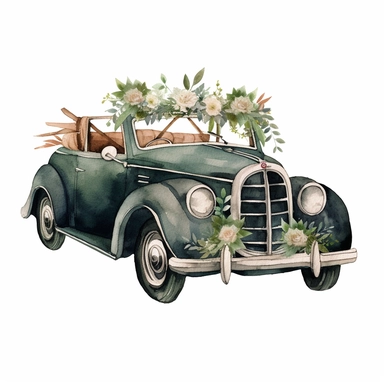floral antique Mercedes Benz convertable car, watercolor Illustration, dark green tones, Sublimation graphics, Watercolor clipart, single design, print on demand image, by Beatrix Potter, PNG transparent background, white background, 8k