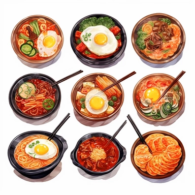 Kimchi, Korean fried chicken, Tokpokki, Ramyeon, Jajangmyeon, Kimbap, Bibimbab, Shabu Shabu, Sundubu jigae, Ginseng chicken soup, korean food, white background, clipart, Object, vector collection, 8k, watercolor