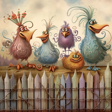 Whimsical magical wacky chickens on a fence, muted colors, swirls, twists, twirls, metallic, glitter, stylized, funny, centered, airbrushed, digital oil, detailed illustration, clip art, cartoon, 8k,-- ar 9:8