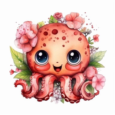 Cute octopus clipart with watercolor illustration, roses, kawaii, nursery theme, big eyes, smiling
