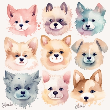 kawaii uwu dog heads clipart, separate png, watercolor, single design, 8k