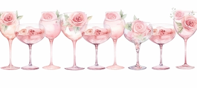Isolated on a white background, in a feminine style that is populair on Etsy, ten juxtaposed, Wine and cocktail glasses lined up on the floor decorated with baby pink roses, for wedding, high resolution, highly detailed, watercolor clipart illustration, soft pastel color theme, baby pink, 8k UHD isolated image on white background, hyper - realistic high definition
