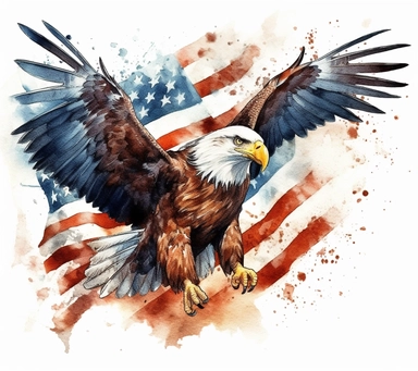 4 July Independence Day close-up detail of an American eagle flying around a retro-style American flag , watercolor clipart, bright colors, isolated white background, 8k