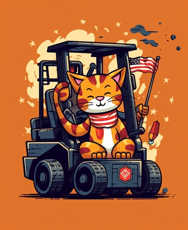 Showcasing a cartoon tiger as a forklift operator, with the design incorporating patriotic motifs and symbols to evoke a sense of American pride. The overall design can appear polished and poignant, with the tiger proudly operating the forklift, that can be used as a sticker, colorful, highly detailed, with a white background, in the style of Pixar clipart, and no cut off edges.