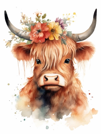 watercolor cute baby highland cow with flower crown and multicolored flowers, white background, children book illustration, 8k, ultra detailed clipart, warm colors