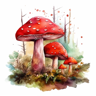 watercolor red mushrooms in forest clipart spaced apart