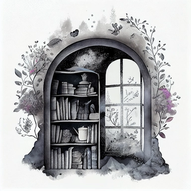Fantasy periwinkle grey and black vintage book room clipart on a white background, an illustration of by Annabel Kidston, shutterstock contest winner, generative art, detailed painting, digital illustration, photoillustration isolated on white background, digital watercolor