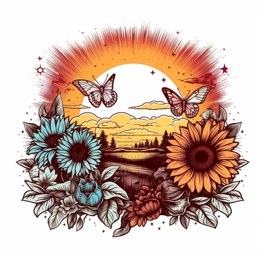 boho colored, rainbow sunset, with sunflowers, and butterflies, classic tattoo motif, clipart on white background, engraved line work, retro, borders