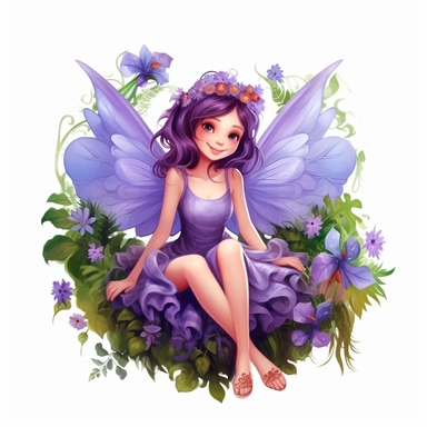 a beautiful smiling fairy girl sitting in flowers, big wings, purple dress, pixar style, full body image, clipart, white background