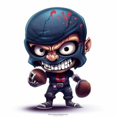 ClipArt of a chibi football player male with an evil smile Glowing red eyes, holding a grenade and a football, wearing a dark-blue ripped-up football, jersey, wearing a cracked football helmet, realism with a white background ar-- 2:3