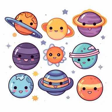 Solar system clipart perfect clean lines, planets vector graphics, Space clipart, kawaii png clip art on a white background