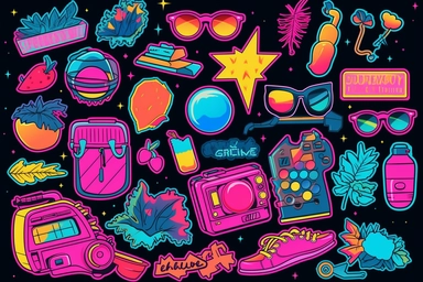 Retro 80s 90s clipart set. Neon colors y2k fashion patch, badge, emblem, stickers.