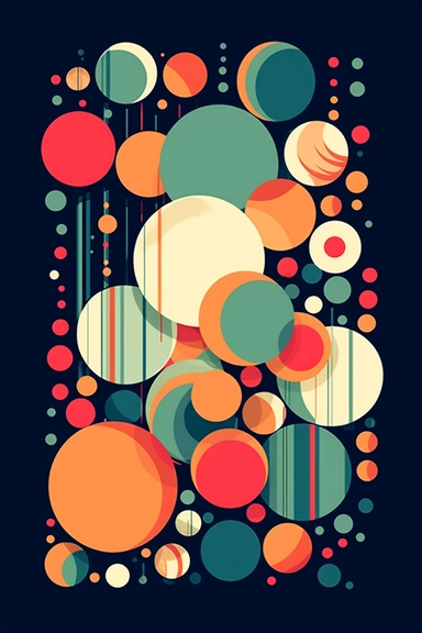 A creative and eye-catching T-shirt design featuring a playful geometric pattern of overlapping circles in various sizes and vibrant colors, giving the illusion of depth and movement. The circles are filled with different patterns and textures, such as stripes, polka dots, and waves, adding visual interest and a sense of whimsy to the design. The composition is balanced and harmonious, making it an appealing and stylish choice for a T-shirt print, clipart,