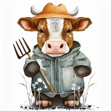 Cute Beautiful Baby Cow dressing Farmer Clothes Watercolor Sublimation Clipart,Cartoon,hyper realistic, intricate detail, illustration style,high solution,on the white background