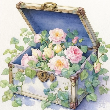 Empty open old blue/green pattern chest full of breathtaking english roses in pastel combo, by ann buccarelli ,watercolor, white background ,watercolour, insanely detailed, on white background, amazing colour combo, with detailed watercolor blooms of spring garden flowers white/ pink/ green, bec winnel, intricately textured, close up, walter Langley, lucy grossmith, heavy impasto technique, detailed shading, atmospheric watercolours, on white background clipart