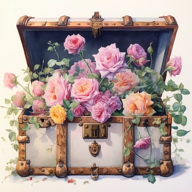 Empty open old pirate chest full of breathtaking english roses in pastel combo, by ann buccarelli ,watercolor, white background ,watercolour, insanely detailed, on white background, amazing colour combo, with detailed watercolor blooms of spring garden flowers white/ pink/ green, bec winnel, intricately textured, close up, walter Langley, lucy grossmith, heavy impasto technique, detailed shading, atmospheric watercolours, on white background clipart