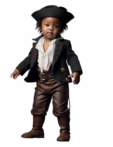 hasselblad 24 mm full body shot of a gorgeous african american baby boy very well dressed with Blue Eyes, clipart, Composition: Relaxed position , smiling, Style: Pirate, white background, hyperrealism, 32k