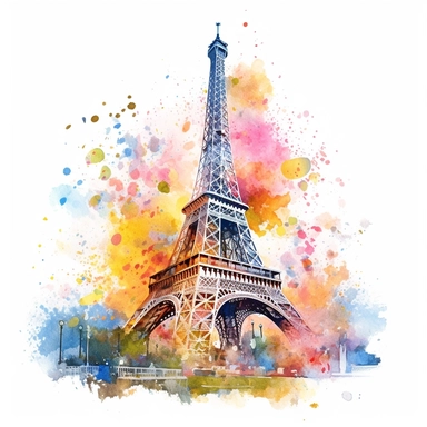 watercolor effiel tower clipart, vibrant colors, hyper realism