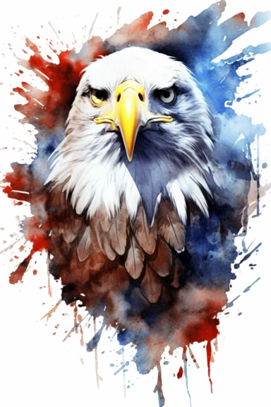 Watercolor American eagle, American Flag, double exposure, integrated, red white and blue, unreal engine, splashed, clipart, white background