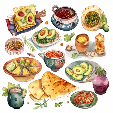 Watercolor illustration of mexican cuisine clipart, created by WorldFoodArtX, showcasing vibrant colors, delicate brushwork, and cultural authenticity, perfect for menu design, food blogging, recipe books, or educational projects