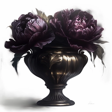 gothic dark peonies in metallic vase, painting, dark fantasy, clipart, digital art techniques, hyper-realistic oil, eerie compositions, white background