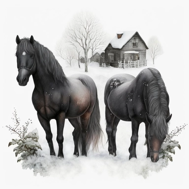 dark academia, horses, snow, fairytale, Christmas, swedish folk art, watercolor, white background, clipart