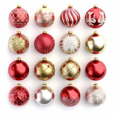 3d render, collection of assorted Christmas ornaments, festive clip art isolated on white background. Set of design elements
