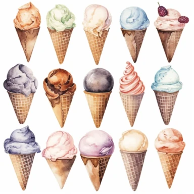 Ice Cream Scoops watercolor clipart, white background, neutral muted colors, high quality, hyperrealistic, detailed, vintage, paris, color palette vintage beige and baby blue