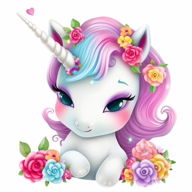 white background Clipart 3D cute painting of an adorable baby unicorn with pastel rainbow hair and big baby blue eyes shy little with roses pastel pinks roses and reds roses all around pastel colourful flowers vivid clear detailed roses pansies and lavender all around clipart detailed cartoon style cartoon of happy cute little tiger beautiful sparkling and pearls Clipart image shimmer and shells and starfish pastel flowers all around pastel light colors gorgeous hyper realistic big glass blue ey