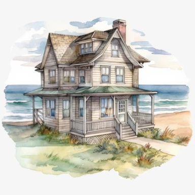 illustration of a beach house with the ocean view on a sunny day, by Beatrix Potter, Sublimation graphics, watercolor clipart, pastel colors, single design, 8k, print on demand image, PNG transparent background