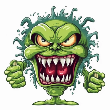 clipart of an angry green germ with crooked teeth and a twisted tongue screaming forward