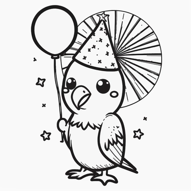 black and white clipart cute sun parakeet with birthday hat holding a balloon