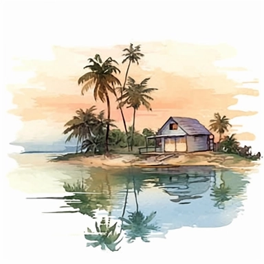 Clipart on white background Cuba Beach lanscape muted at sunset water color