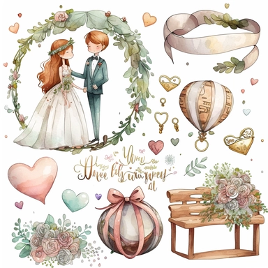 wedding rings tied with a ribbon , cute wedding illustrations clipart set, ILLUSTRATIONS FOR THE BOOK, cartoon elements, different variants, girl with long hair in a wedding veil, wedding, husband and wife Love , Hearts balloons , veil, garland, wooden elements, sit on a bench , on the car, white transparent background separate elements with a margin Watercolor