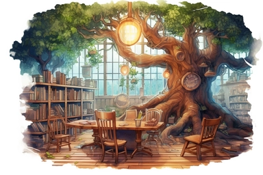 Design a watercolor-style clipart of a magical classroom hidden within an ancient tree, filled with fairy lights, talking trees, and enchanted desks, in a dreamy and enchanting art style, viewed from a slightly overhead perspective, against a backdrop of lush greenery, on white background, spaced out, hd