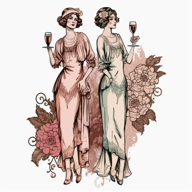 1920 fashion flapper women drinking Wine, Ladies Clipart, French wine clip art graphics with fashion women and rose wine, elegant, pretty, pinkish, on white background