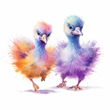 pair of cute ostrich chicks, running in sync and raising their fluffy feathers, vibrant pastels, clipart, on a white background