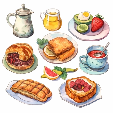 Collection of clipart drawings, breakfast, bold colours, white background