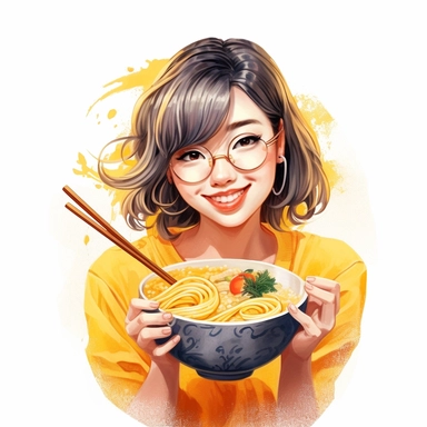a delightful watercolor, hyper-realistic clipart image with a white background and white margins, showcasing a girl slurping bowl of ramen. The ultra-detailed, hand-drawn elements capture the golden batter and tender fish. Use whimsical touches to add a sense of freshness, and bold shades of yellow and brown to evoke the comforting and satisfying nature of this classic fast food dish